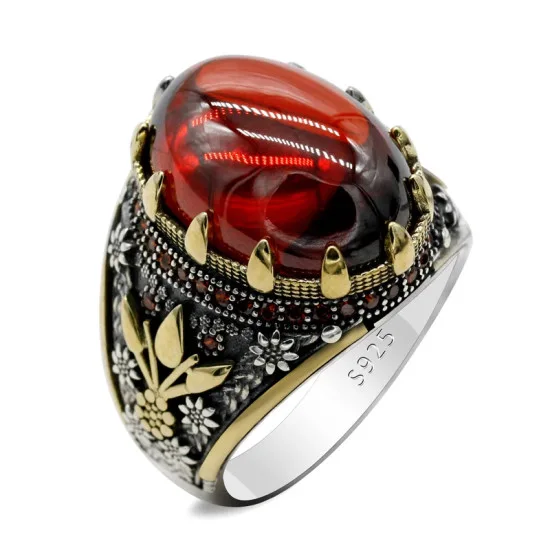 Anillo de Plata de Ley 925 con Circonia cúbica para hombre, joyería turca Vintage hecha a mano, con estampado de pata - malaquita tienda 36