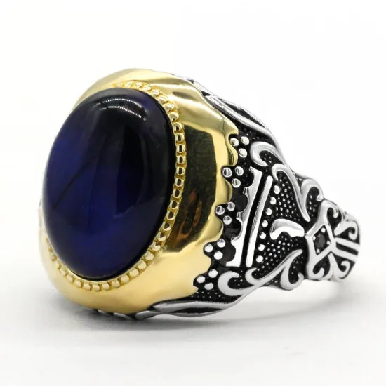 Anillo hecho a mano para hombre, anillo de plata s925 clásico Vintage Türkiye, anillo de joyería Türkiye de ojo de tigre azul Natural para hombre y mujer - malaquita tienda 36