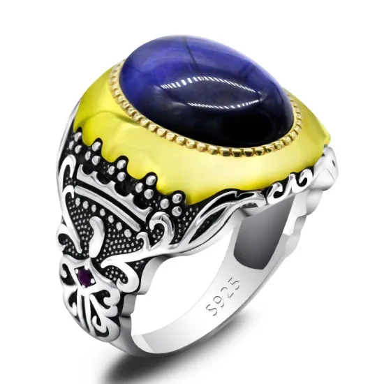 Anillo hecho a mano para hombre, anillo de plata s925 clásico Vintage Türkiye, anillo de joyería Türkiye de ojo de tigre azul Natural para hombre y mujer - malaquita tienda 36