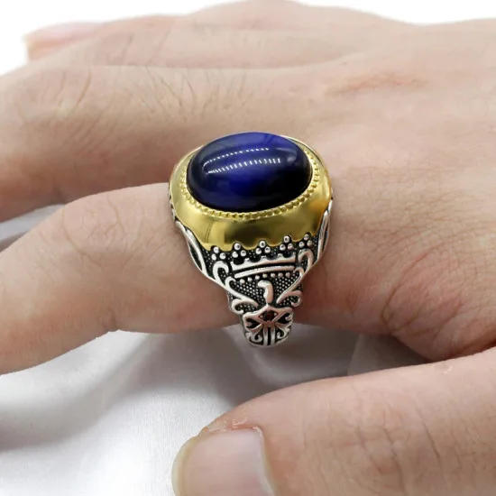 Anillo hecho a mano para hombre, anillo de plata s925 clásico Vintage Türkiye, anillo de joyería Türkiye de ojo de tigre azul Natural para hombre y mujer - malaquita tienda 36