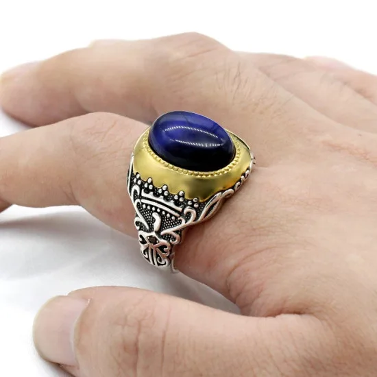 Anillo hecho a mano para hombre, anillo de plata s925 clásico Vintage Türkiye, anillo de joyería Türkiye de ojo de tigre azul Natural para hombre y mujer - malaquita tienda 36