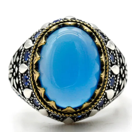 Joyería turca, piedra de ágata Natural para hombres, anillo de plata de ley s925, circonita Vintage, estilo Punk, anillos de joyería para hombres y mujeres - malaquita tienda 36