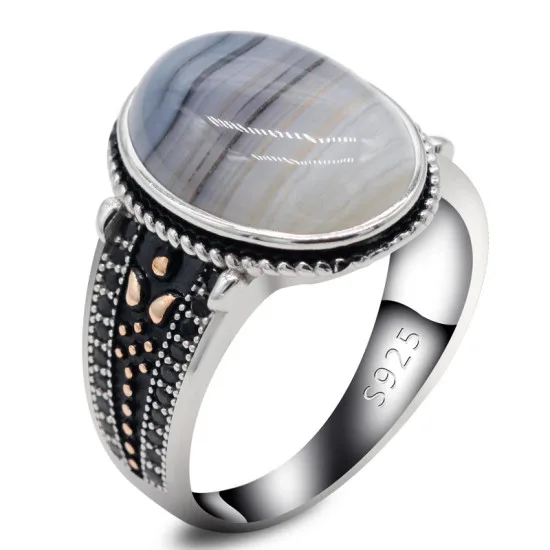 Nuevo anillo de plata 925 para hombre, ágata ovalada, conjunto de joyería Vintage con personalidad para hombre, anillo de pareja a la moda para mujer - malaquita tienda 36